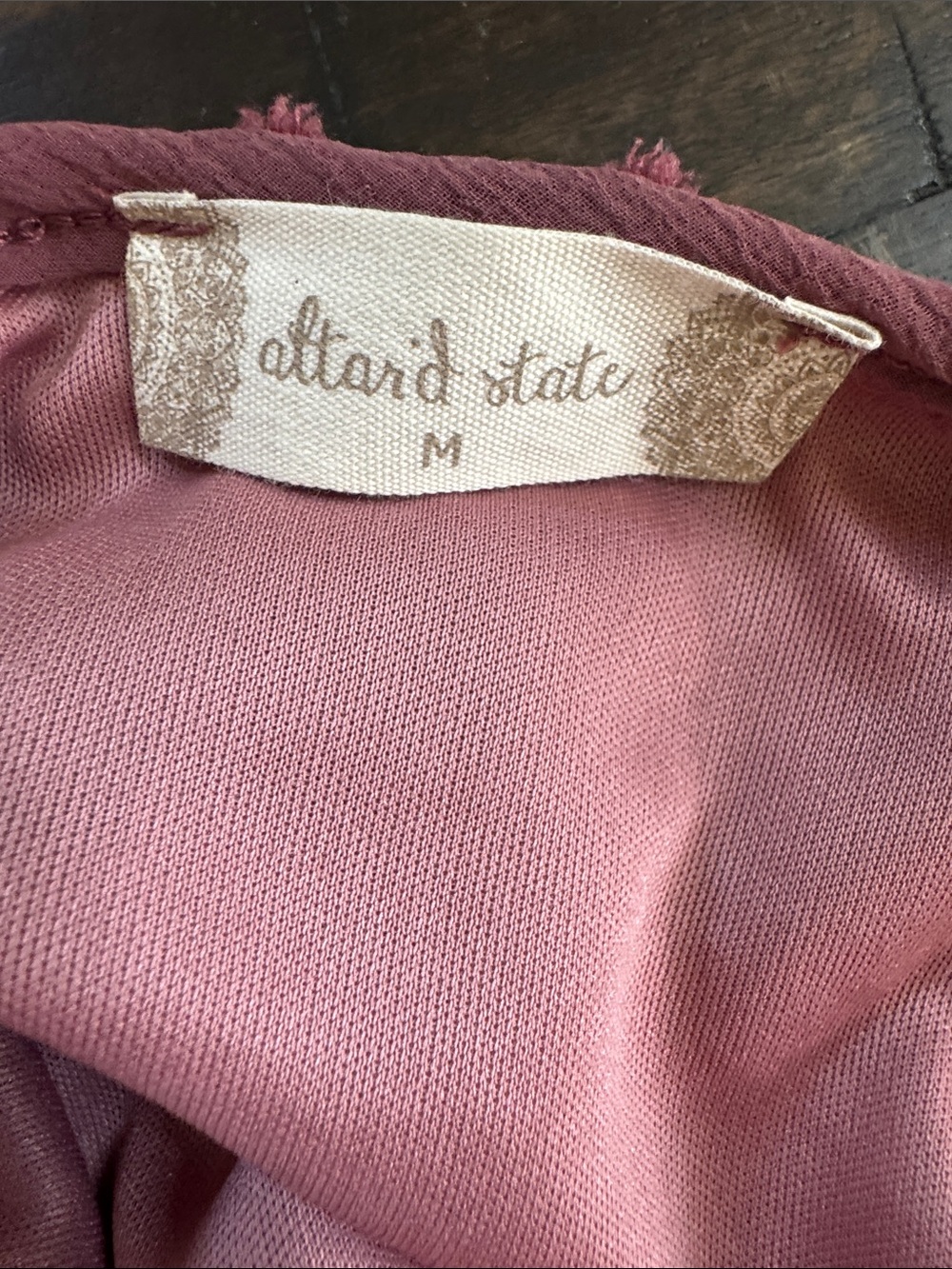 Altar'd State Dusty Rose Swiss Dot Long Sleeve Tie Neck Dress - Picture 2 of 8